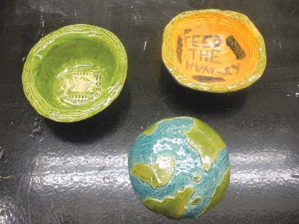 Staff Photo A small sample of the handmade ceramic bowls made by Peggy Feuer’s Art 1 students. The bowl were filled with corn chowder and sold to teachers during the first Empty Bowls fundraiser. The money generated has been donated to Friends in Sonoma Helping.